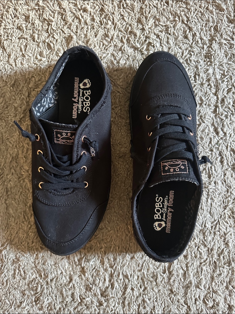 Skechers Woman’s Black Canvas Lace-Up Sneakers with Rose Gold Eyelets
